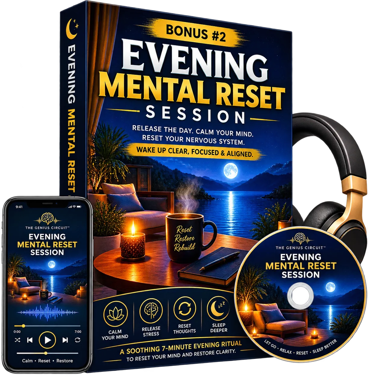 Money Surge Frequency Bonus 2 Evening Mental Reset Session — navy box with moonlit lake artwork, phone player, headphones and audio disc