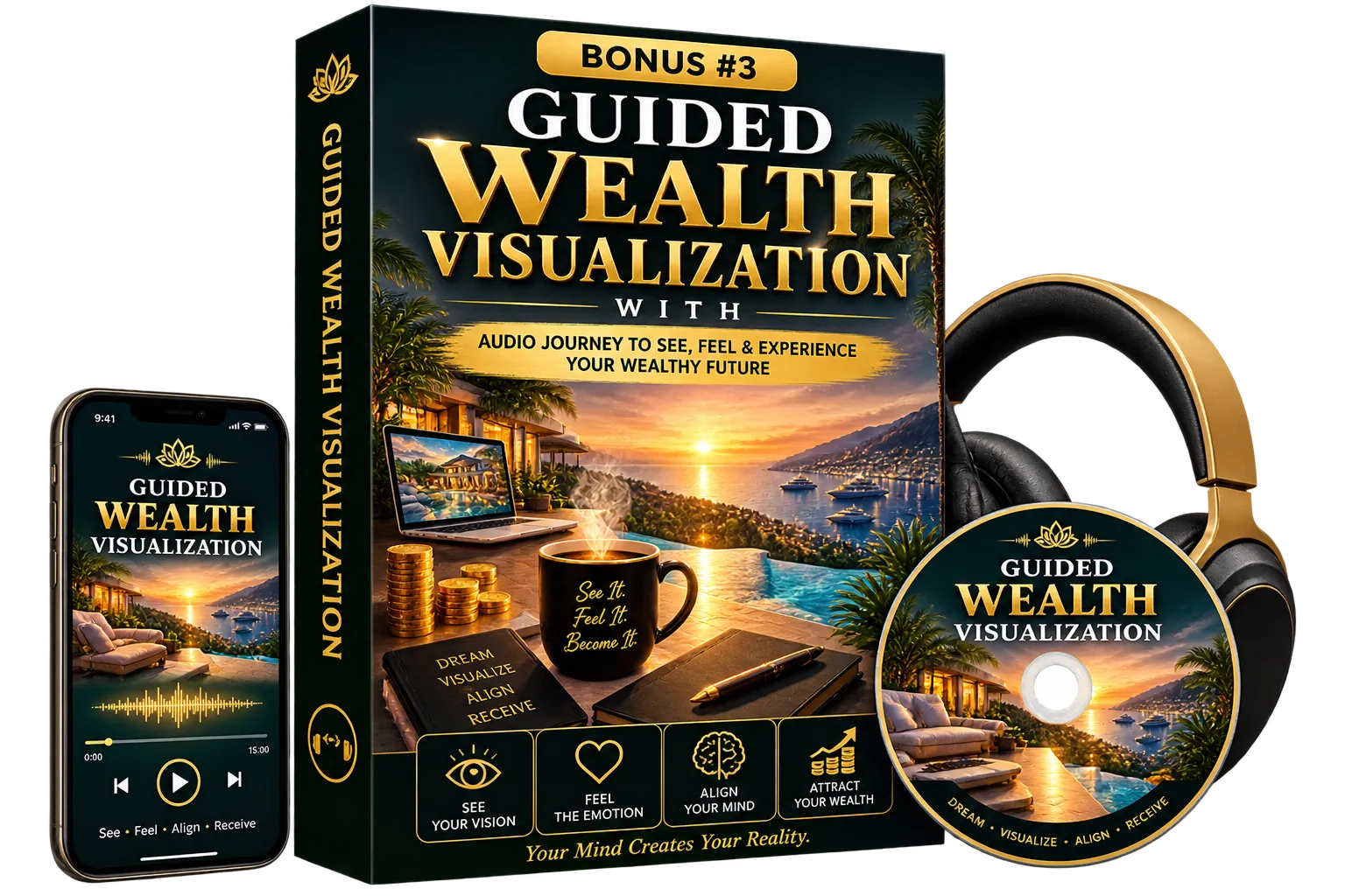 Money Surge Frequency Bonus 3 Guided Wealth Visualization — black-emerald box with golden sunset coastline artwork, phone player, headphones and audio disc