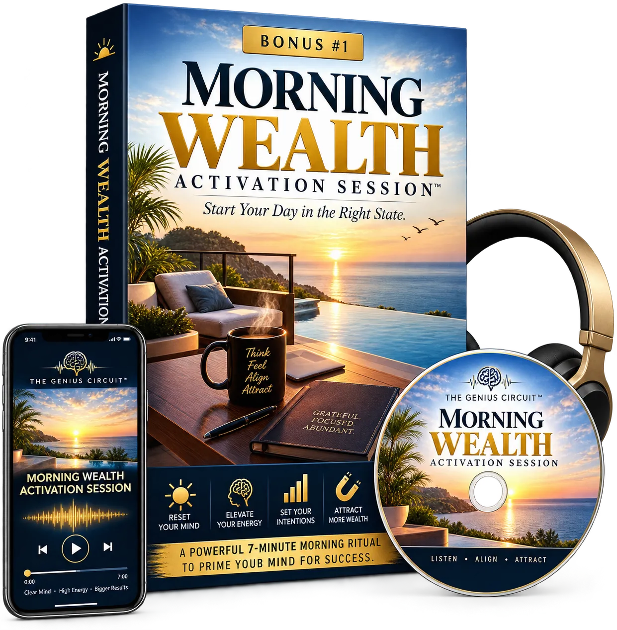 Money Surge Frequency Bonus 1 Morning Wealth Activation Session — navy box with sunrise terrace artwork, phone player, headphones and audio disc