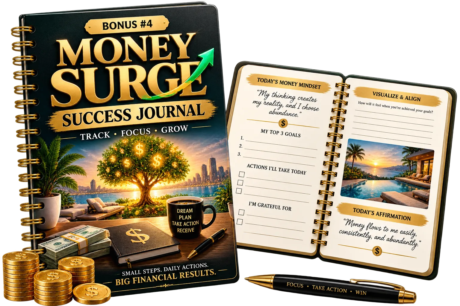 Money Surge Frequency Bonus 4 Money Surge Success Journal — gold-foil spiral notebook shown closed and open at the daily money-mindset pages