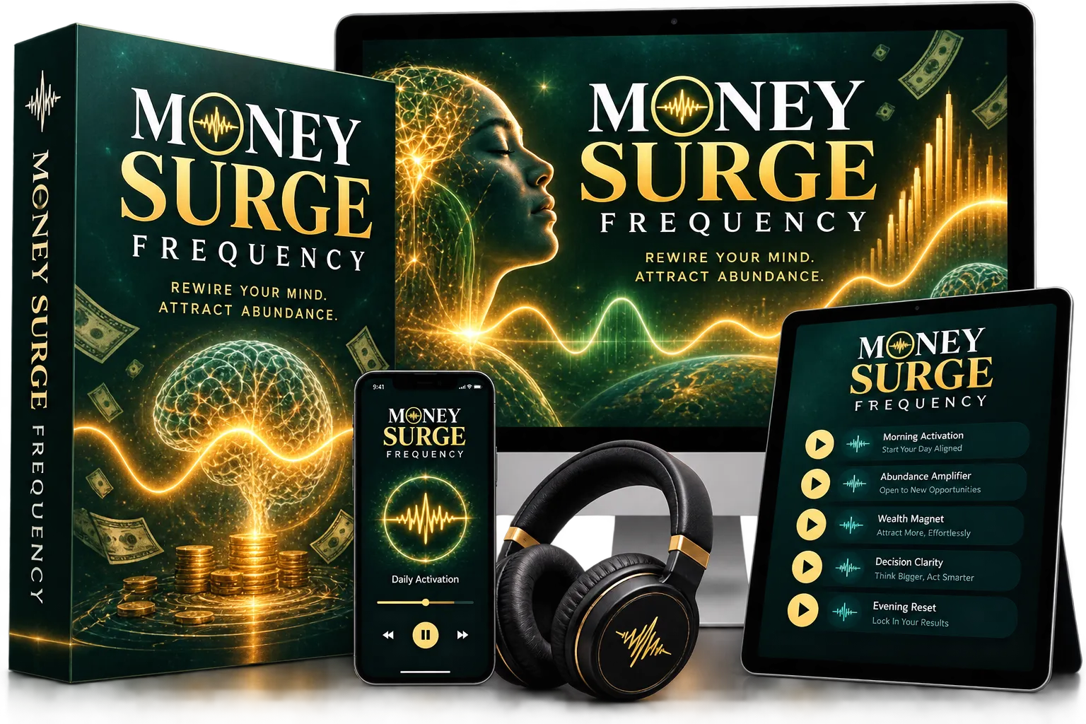 Money Surge Frequency complete package shown as a product box, desktop screen, phone audio player, tablet track list and headphones on a deep emerald background